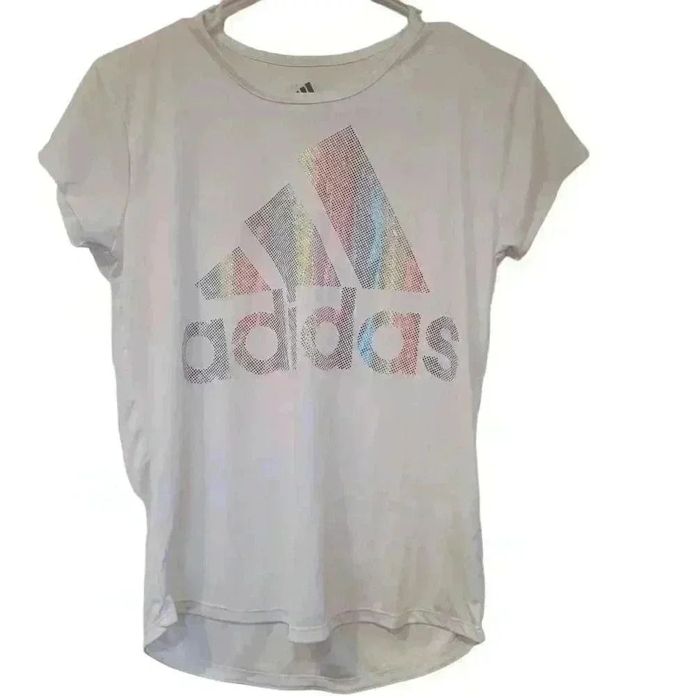 Adidas Girl's White Poly Short Sleeve Foil Rainbow Graphic Scoop Neck T-Shirt NE